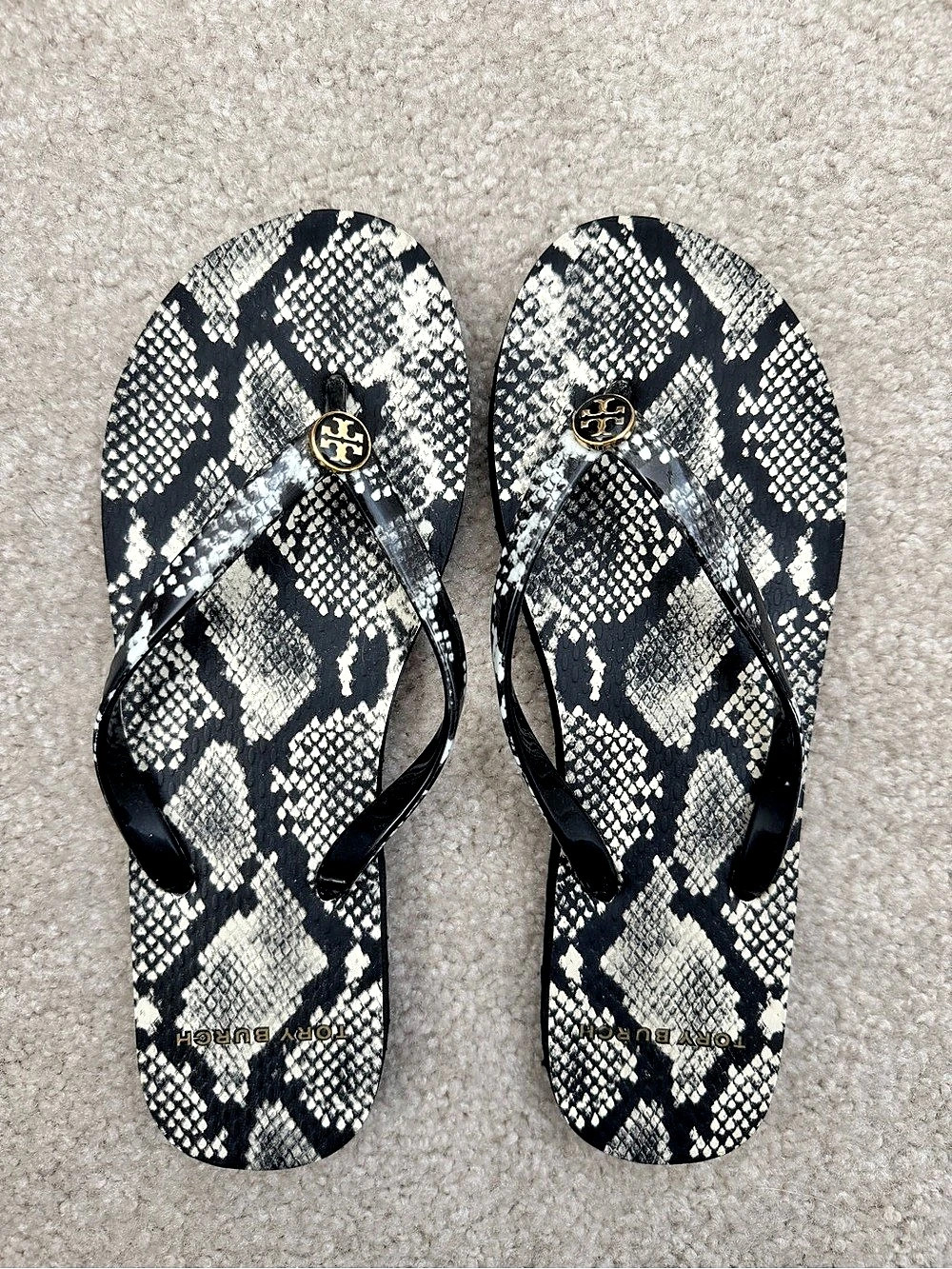 Tory Burch Thin Flip Flop Snakeskin Print Sandals in Black & White
